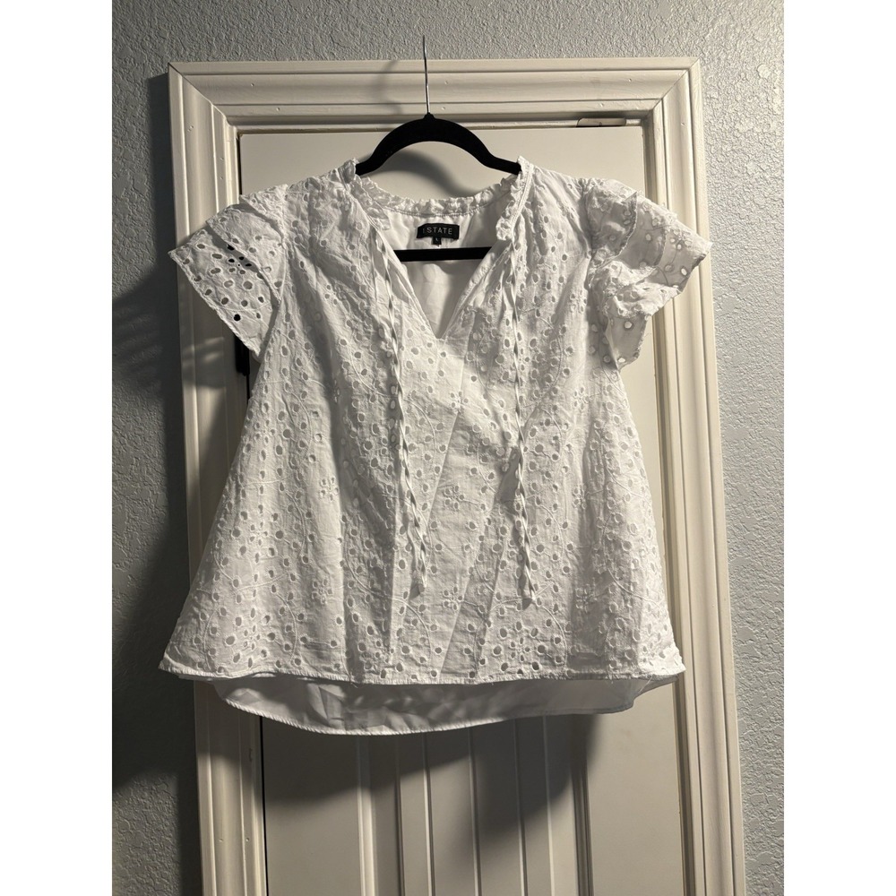 1.STATE Eyelet Blouse Women Large White Flutter Sleeve‎ V-Neck Ruffle Tie Top